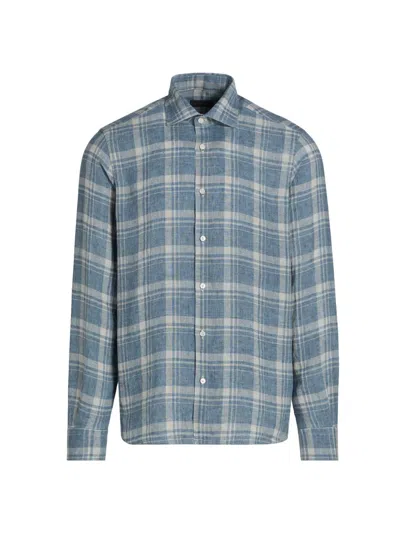 Saks Fifth Avenue Men's Plaid Linen Button-front Shirt In Blue