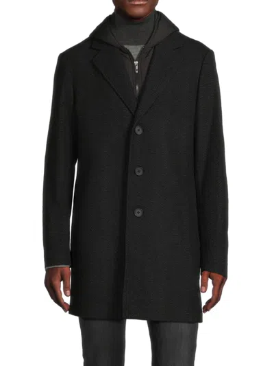 Saks Fifth Avenue Men's Wool Blend Top Coat With Removable Hooded Bib In Black Navy
