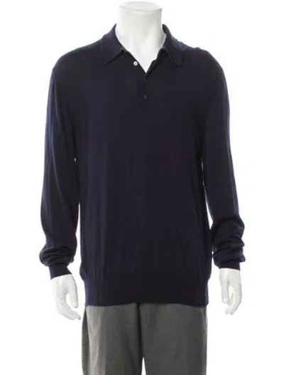 Pre-owned Saks Fifth Avenue Merino Wool Mock Neck Polo Sweater In Blue
