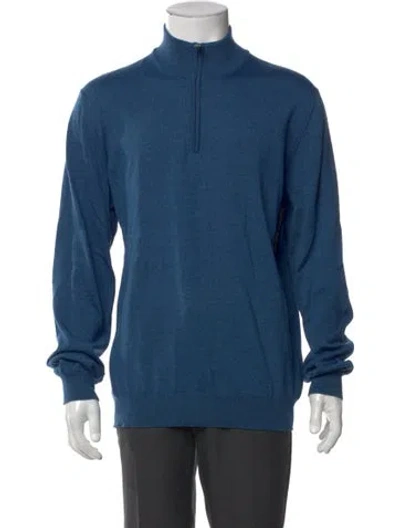 Pre-owned Saks Fifth Avenue Merino Wool Mock Neck Pullover In Blue