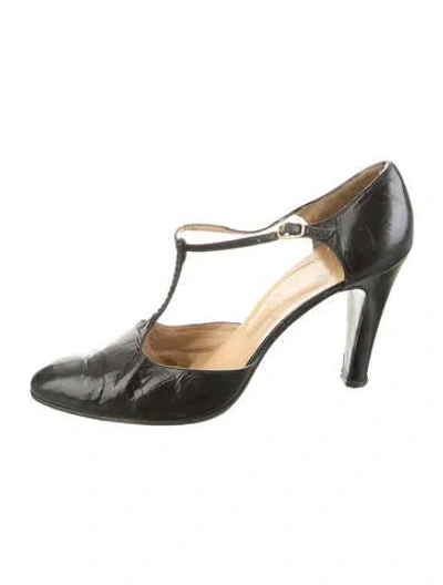 Pre-owned Saks Fifth Avenue Patent Leather T-strap Pumps In Black