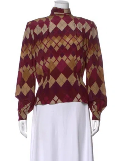 Pre-owned Saks Fifth Avenue Plaid Print Mock Neck Blouse In Burgundy