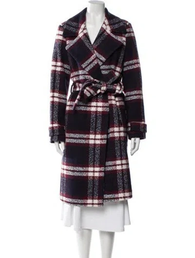 Pre-owned Saks Fifth Avenue Plaid Print Trench Coat In Blue