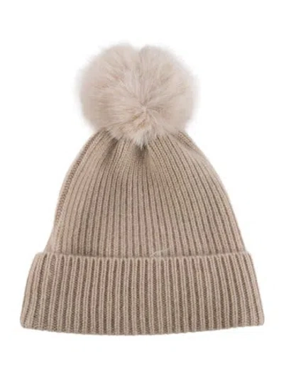 Pre-owned Saks Fifth Avenue Pom Pom Accent Cashmere Knit Beanie In Neutrals