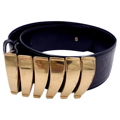 Pre-owned Saks Fifth Avenue Saks Fifth Ave Black Leather Large Gold Buckle Belt