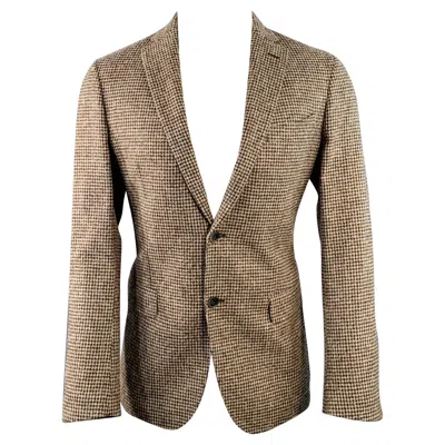 Pre-owned Saks Fifth Avenue Size 40 Khaki Brown Houndstooth Wool Blend Sport Coat
