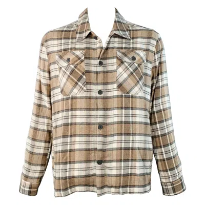 Pre-owned Saks Fifth Avenue Size L Brown Grey Cream Plaid Cotton Shirt Jacket In White