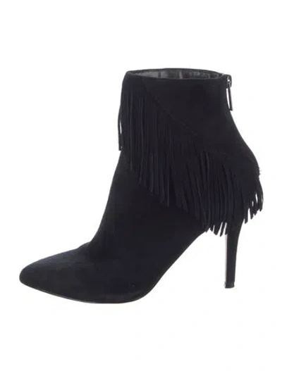 Pre-owned Saks Fifth Avenue Suede Fringe Trim Accent Boots In Black