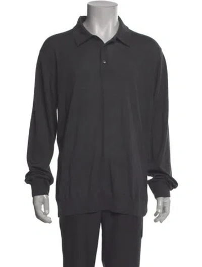Pre-owned Saks Fifth Avenue Virgin Wool V-neck Polo Sweater W/ Tags In Gray