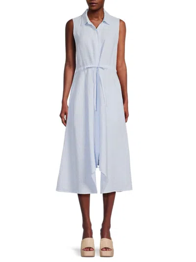 Saks Fifth Avenue Women's 100% Linen Asymmetric Midi Shirtdress In Blue White