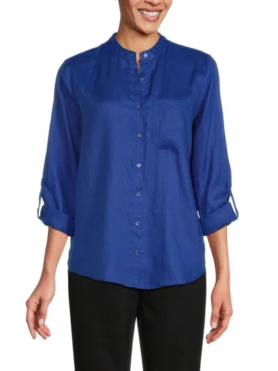 Saks Fifth Avenue Women's 100% Linen Band Collar Button Down Shirt In Cobalt Blue