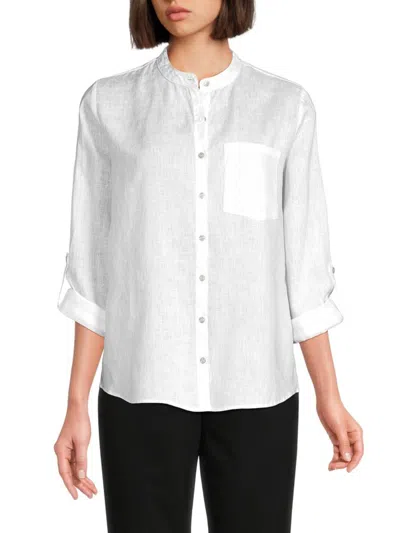 Saks Fifth Avenue Women's 100% Linen Band Collar Button Down Shirt In White