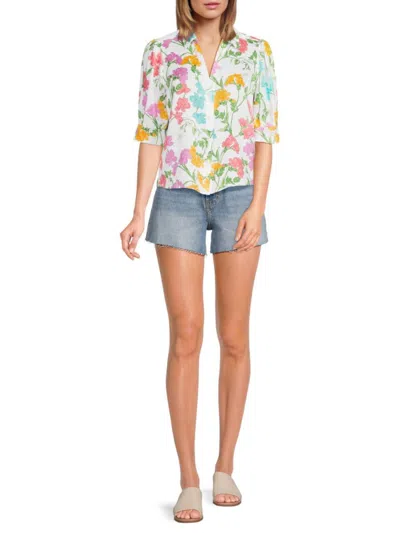 Saks Fifth Avenue Women's 100% Linen Collection Puff Sleeve Top In Flower Garden