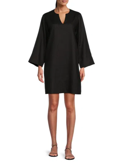 Saks Fifth Avenue Women's 100% Linen Collection Wide Sleeve V-neck Easy Dress In Black