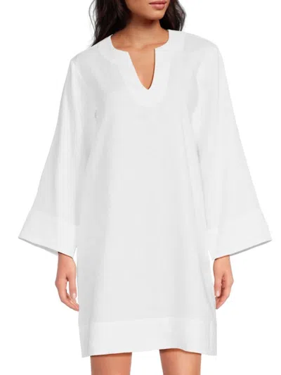 Saks Fifth Avenue Women's 100% Linen Collection Wide Sleeve V-neck Easy Dress In White