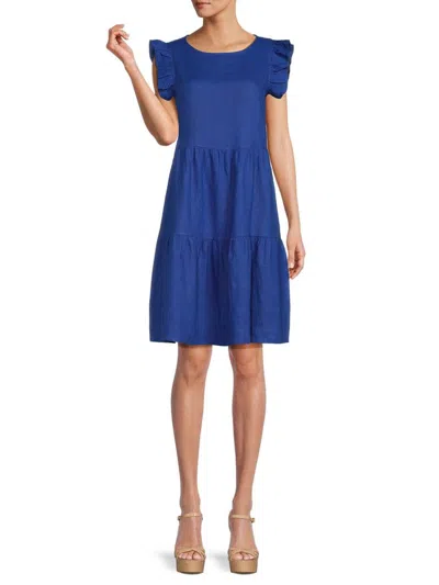 Saks Fifth Avenue Women's 100% Linen Flutter Sleeve Tiered Mini Dress In Cobalt