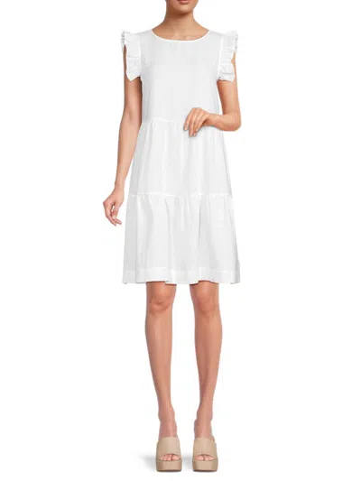 Saks Fifth Avenue Women's 100% Linen Flutter Sleeve Tiered Mini Dress In White
