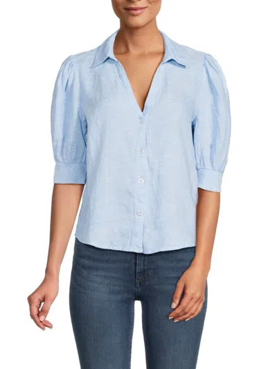 Saks Fifth Avenue Women's 100% Linen Puff Sleeve Button Down Shirt In Chambray Blue