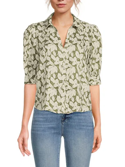 Saks Fifth Avenue Women's 100% Linen Puff Sleeve Button Down Shirt In Olive White