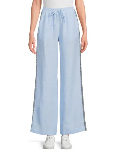 Saks Fifth Avenue Women's 100% Linen Sequin Trim Straight Pants In Chambray