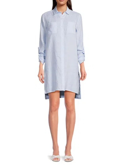 Saks Fifth Avenue Women's 100% Linen Side Slit Shirt Dress In Blue White