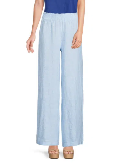 Saks Fifth Avenue Women's 100% Linen Smocked Wide Leg Pants In Chambray Blue