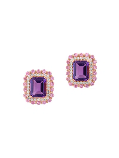 Saks Fifth Avenue Women's 14k Rose Gold Amethyst, 0.38 Tcw Diamond & Sapphire Halo Stud Earrings In Purple