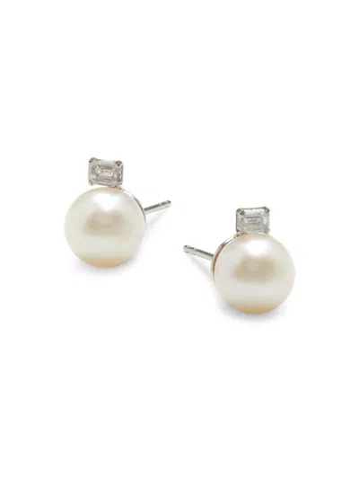 Saks Fifth Avenue Women's 14k White Gold, 7mm Round Freshwater Pearl & Lab Grown Diamond Stud Earrings In Metallic