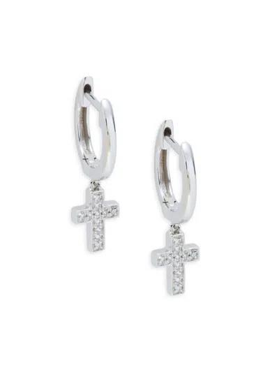 Saks Fifth Avenue Women's 14k White Gold & 0.04 Tcw Diamond Cross Huggie Hoop Earrings In Metallic