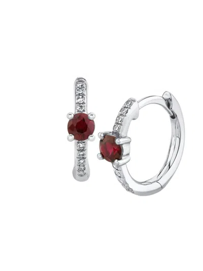 Saks Fifth Avenue Women's 14k White Gold & 0.06 Tcw Diamond & Ruby Huggie Earrings
