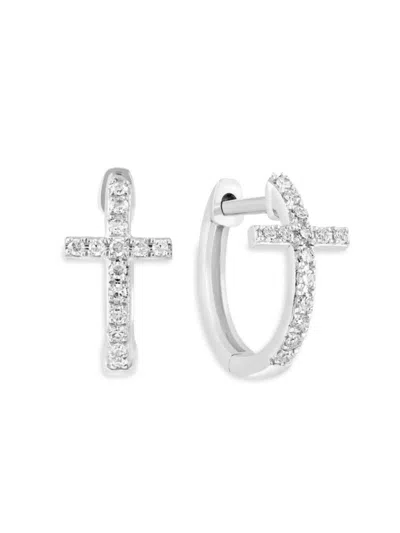 Saks Fifth Avenue Women's 14k White Gold & 0.13 Tcw Diamond Cross Huggie Earrings