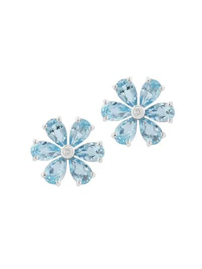 Saks Fifth Avenue Women's 14k White Gold, Aquamarine & 0.01 Tcw Diamond Flower Stud Earrings In Burgundy