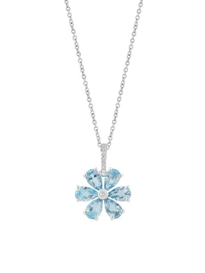 Saks Fifth Avenue Women's 14k White Gold, Aquamarine & 0.03 Tcw Diamond Flower Pendant Necklace In Gray