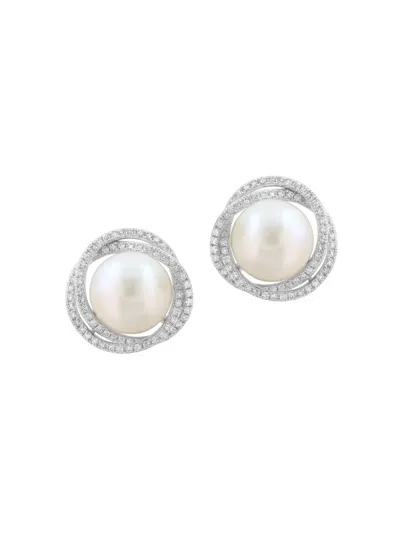 Saks Fifth Avenue Women's 14k White Gold, Freshwater Pearl & 0.57 Tcw Diamond Stud Earrings In Silver