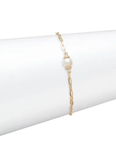 Saks Fifth Avenue Women's 14k Yellow Gold, 0.07 Tcw Diamond & 6.5-7.5 Mm Cultured Pearl Paper Clip Bracelet