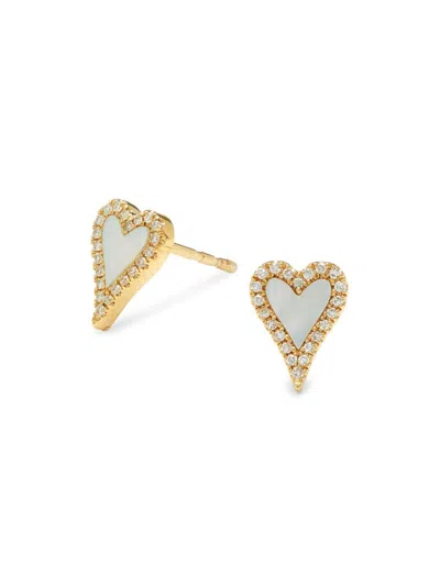 Saks Fifth Avenue Women's 14k Yellow Gold, 0.13 Tcw Diamond & Mother Of Pearl Heart Stud Earrings