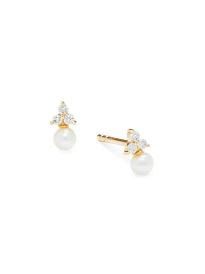 Saks Fifth Avenue Women's 14k Yellow Gold, 3mm Pearl & Trio Diamond Stud Earrings