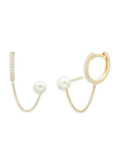 Saks Fifth Avenue Women's 14k Yellow Gold, 5-5,5mm Freshwater Pearl & Diamond Double Piercingearrings
