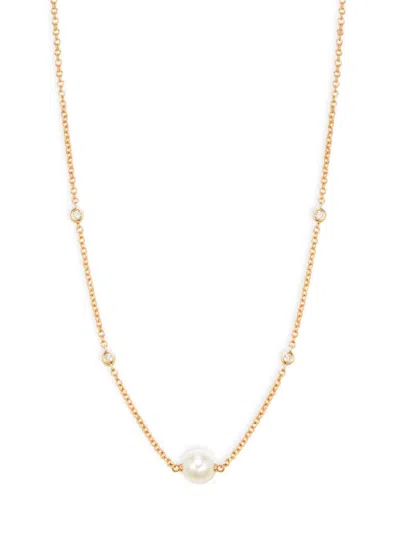 Saks Fifth Avenue Women's 14k Yellow Gold, 6-6.5mm Round Freshwater Pearl & Diamond Station Necklace