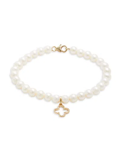 Saks Fifth Avenue Women's 14k Yellow Gold, 6-7mm Freshwater Pearl & Diamond Clover Strand Bracelet In White
