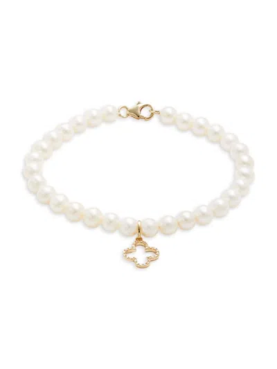 Saks Fifth Avenue Women's 14k Yellow Gold, 6-7mm Freshwater Pearl & Diamond Clover Strand Bracelet