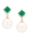 Saks Fifth Avenue Women's 14k Yellow Gold, 8-8.5mm Freshwater Pearl & Created Emerald Drop Earrings In Emerald