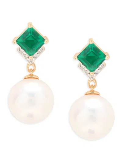 Saks Fifth Avenue Women's 14k Yellow Gold, 8-8.5mm Freshwater Pearl & Created Emerald Drop Earrings