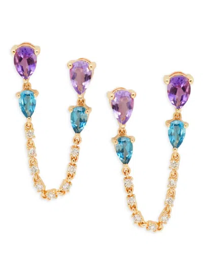 Saks Fifth Avenue Women's 14k Yellow Gold, Amethyst, Blue Topaz & Diamond Chain Double Piercing Earrings