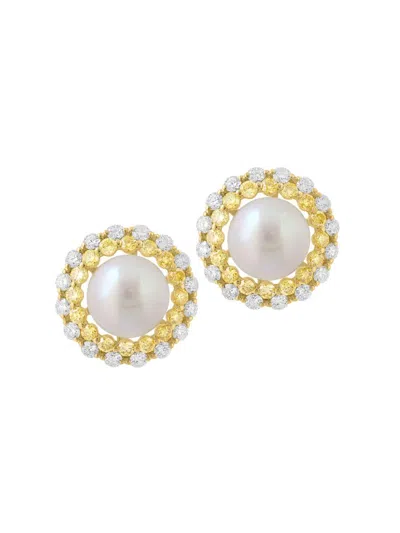 Saks Fifth Avenue Women's 14k Yellow Gold, Cultured Freshwater Pearl & 2.05 Tcw Diamond Halo Stud Earrings