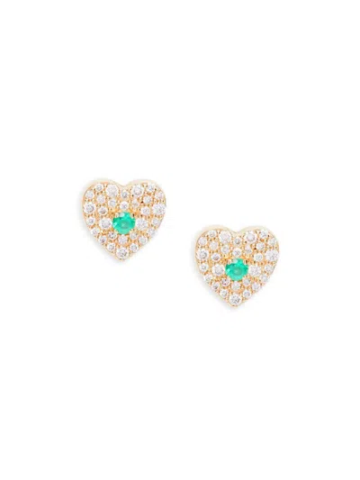 Saks Fifth Avenue Women's 14k Yellow Gold, Diamond & Emerald Heart Stud Earrings