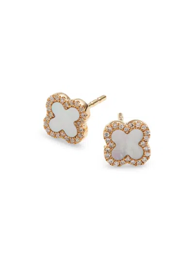 Saks Fifth Avenue Women's 14k Yellow Gold, Diamond & Mother Of Pearl Clover Stud Earrings