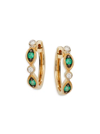 Saks Fifth Avenue Women's 14k Yellow Gold, Emerald & Diamond Hoop Earrings In Neutral