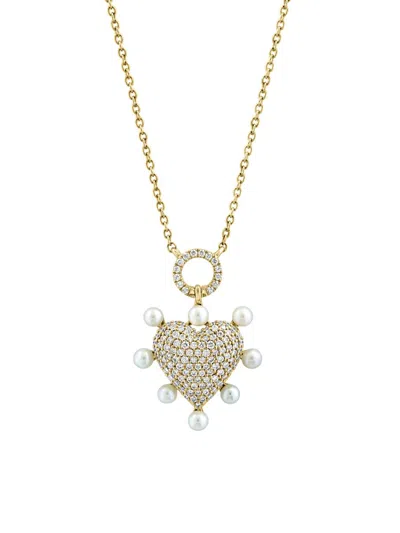 Saks Fifth Avenue Women's 14k Yellow Gold, Freshwater Pearl & 0.47 Tcw Diamond Heart Pendant Necklace
