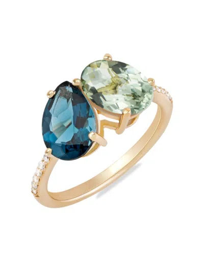 Saks Fifth Avenue Women's 14k Yellow Gold, London Blue Topaz, Green Amethyst & Diamond Ring